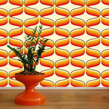 Load image into Gallery viewer, 70s retro wallpaper with orange, yellow and red and  chocolate swirls