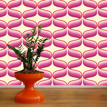 Load image into Gallery viewer, Swirling Esmonde wallpaper by 70s House Manchester Estelle Bilson Bidding room, pink, raspberry and plum, made in UK luxury wallpaper made in Lancashire ceramic tiger flamingo by Dogwood Lifestyle 70s vintage retro spaceage bohemian boho hippie 60s funky