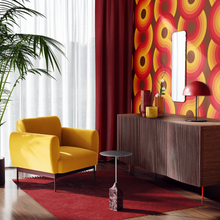 Load image into Gallery viewer, red, orange, yellow chocolate brown swirling 70s retro wallpaper called Yootha Pale Green 70s retro funky mid century style wallpaper
