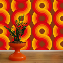 Load image into Gallery viewer, red, orange, yellow chocolate brown swirling 70s retro wallpaper called Yootha Pale Green 70s retro funky mid century style wallpaper