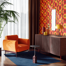Load image into Gallery viewer, red, orange, yellow chocolate brown swirling 70s retro wallpaper called Yootha Pale Green 70s retro funky mid century style wallpaper