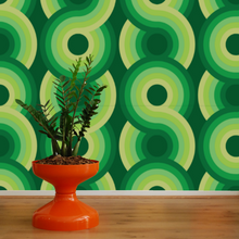 Load image into Gallery viewer, light green, apple green, green, dark green swirling 70s retro wallpaper called Yootha Pale Green 70s retro funky mid century style wallpaper