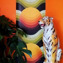 Load image into Gallery viewer, Rising sun Larbey wallpaper by 70s House manchester Estelle Bilson Bidding room, retro orange, yellow, brown and green, made in UK luxury wallpaper made in lancashire cermanic tiger leopard by Dogwood Lifestyle monstera cheese plant 70s vintage retro spaceage bohemian boho hippie 60s