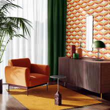 Load image into Gallery viewer, 70s retro wallpaper with orange, yellow and red and  chocolate swirls