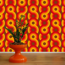 Load image into Gallery viewer, red, orange, yellow chocolate brown swirling 70s retro wallpaper called Yootha Pale Green 70s retro funky mid century style wallpaper