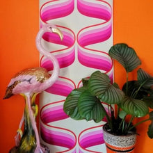 Load image into Gallery viewer, Swirling Esmonde wallpaper by 70s House Manchester Estelle Bilson Bidding room, pink, raspberry and plum, made in UK luxury wallpaper made in Lancashire ceramic tiger flamingo by Dogwood Lifestyle 70s vintage retro spaceage bohemian boho hippie 60s funky