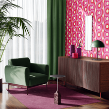 Load image into Gallery viewer, Circles Yootha Supergraphic wallpaper by 70s House manchester Estelle Bilson Bidding room, retro pink and red and made in UK luxury wallpaper made in lancashire 70s vintage retro spaceage bohemian boho hippie 60s