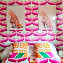 Load image into Gallery viewer, Swirling Esmonde wallpaper by 70s House Manchester Estelle Bilson Bidding room, pink, raspberry and plum, made in UK luxury wallpaper made in Lancashire ceramic tiger flamingo by Dogwood Lifestyle 70s vintage retro spaceage bohemian boho hippie 60s funky