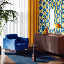 Load image into Gallery viewer, blue orange yellow  swirling 70s retro wallpaper called Yootha Pale Green 70s retro mid century style wallpaper