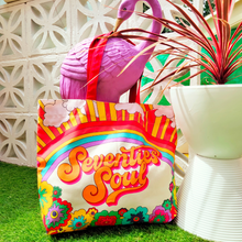 Load image into Gallery viewer, 60s and 70s 1960s 1970s retro shopping tote beach bag prints wall art pictures designed for 70s House Manchester featuring our psychedelic '70s Soul' artwork by illustrator Scarlett Rickard inspired by the iconic 7-up seven-up uncola adverts by John Alcorn perfect for your retro shopping or holiday beach trip