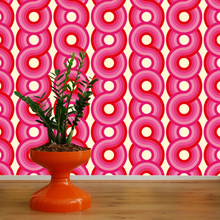 Load image into Gallery viewer, Circles Yootha Supergraphic wallpaper by 70s House manchester Estelle Bilson Bidding room, retro pink and red and made in UK luxury wallpaper made in lancashire 70s vintage retro spaceage bohemian boho hippie 60s