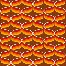 Load image into Gallery viewer, 70s retro wallpaper with orange, yellow and red swirls on a chocolate background