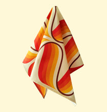 Load image into Gallery viewer, orange and brown  retro 70s style print with supergraphic swirls 70s mid century funky retro kitchen tea towel