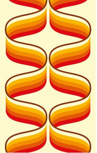 Load image into Gallery viewer, orange and brown retro 70s style print with supergraphic swirls 70s mid century funky retro kitchen tea towel
