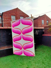 Load image into Gallery viewer, pink retro 70s style print with supergraphic swirls 70s mid century funky retro kitchen tea towel