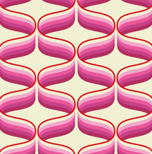 Load image into Gallery viewer, pink retro 70s style print with supergraphic swirls 70s mid century funky retro wallpaper

