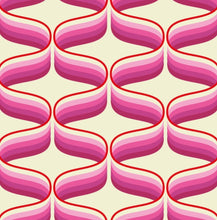 Load image into Gallery viewer, pink retro 70s style print with supergraphic swirls 70s mid century funky retro wallpaper