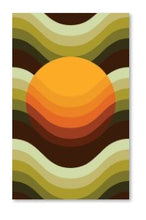 Load image into Gallery viewer, rising orange sun on a sea of brown and green retro mid century funky 70s kitchen tea towel retro 70s tea towel