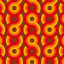 Load image into Gallery viewer, red, orange, yellow chocolate brown swirling 70s retro wallpaper called Yootha Pale Green 70s retro funky mid century style wallpaper