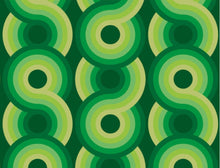 Load image into Gallery viewer, light green, apple green, green, dark green swirling 70s retro wallpaper called Yootha Pale Green 70s retro funky mid century style wallpaper