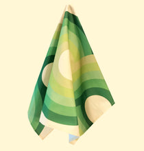 Load image into Gallery viewer, light green, apple green, green, dark green swirling 70s retro wallpaper called Yootha Pale Green 70s retro mid century style kitchen tea towel