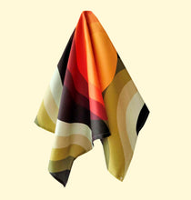 Load image into Gallery viewer, rising orange sun on a sea of brown and green retro mid century funky 70s kitchen tea towel retro 70s tea towel