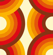 Load image into Gallery viewer, Circles Yootha Supergraphic wallpaper by 70s House manchester Estelle Bilson Bidding room, retro orange, yellow, brown and made in UK luxury wallpaper made in lancashire cermanic tiger leopard by Dogwood Lifestyle monstera cheese plant 70s vintage retro spaceage bohemian boho hippie 60s