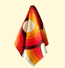 Load image into Gallery viewer, orange & brown swirling 70s retro wallpaper called Yootha Pale Green 70s retro mid century style kitchen tea towel