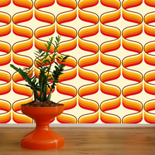 Load image into Gallery viewer, 70s retro wallpaper with orange, yellow and red and  chocolate swirls
