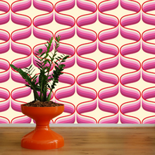 Load image into Gallery viewer, Swirling Esmonde wallpaper by 70s House Manchester Estelle Bilson Bidding room, pink, raspberry and plum, made in UK luxury wallpaper made in Lancashire ceramic tiger flamingo by Dogwood Lifestyle 70s vintage retro spaceage bohemian boho hippie 60s funky
