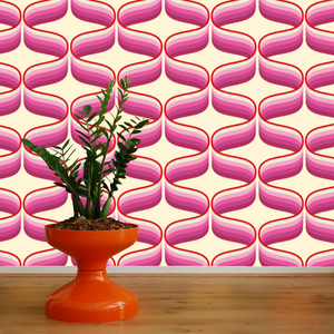 Swirling Esmonde wallpaper by 70s House Manchester Estelle Bilson Bidding room, pink, raspberry and plum, made in UK luxury wallpaper made in Lancashire ceramic tiger flamingo by Dogwood Lifestyle 70s vintage retro spaceage bohemian boho hippie 60s funky