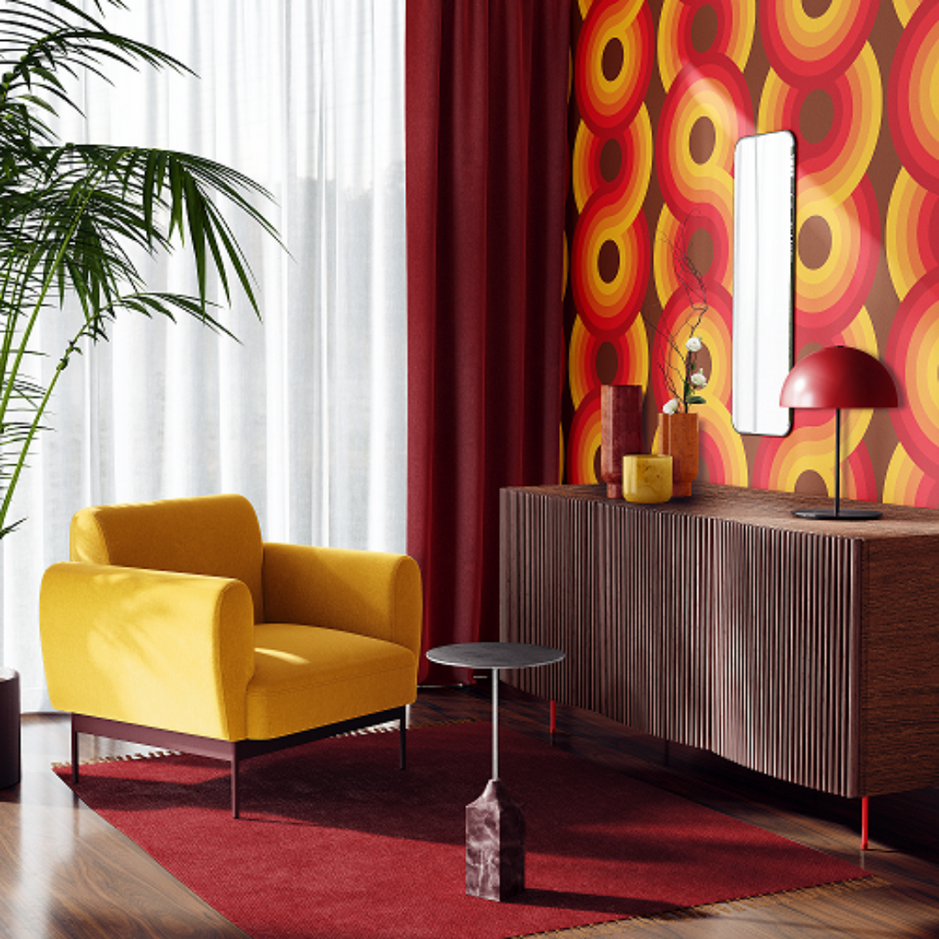 red, orange, yellow chocolate brown swirling 70s retro wallpaper called Yootha Pale Green 70s retro funky mid century style wallpaper
