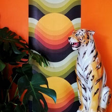 Load image into Gallery viewer, Rising sun Larbey wallpaper by 70s House manchester Estelle Bilson Bidding room, retro orange, yellow, brown and green, made in UK luxury wallpaper made in lancashire cermanic tiger leopard by Dogwood Lifestyle monstera cheese plant 70s vintage retro spaceage bohemian boho hippie 60s 
