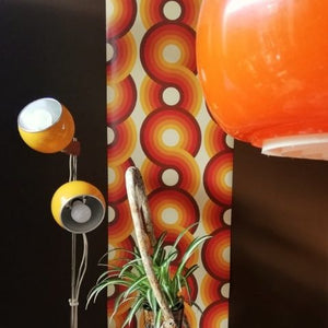 Circles Yootha Supergraphic wallpaper by 70s House manchester Estelle Bilson Bidding room, retro orange, yellow, brown and made in UK luxury wallpaper made in lancashire cermanic tiger leopard by Dogwood Lifestyle monstera cheese plant 70s vintage retro spaceage bohemian boho hippie 60s 