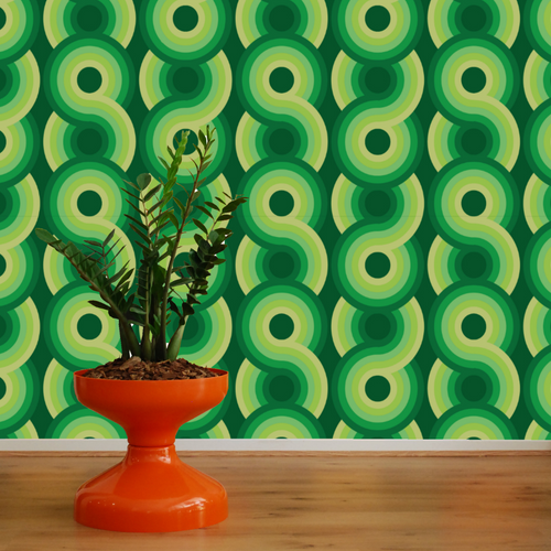 light green, apple green, green, dark green swirling 70s retro wallpaper called Yootha Pale Green 70s retro funky mid century style wallpaper