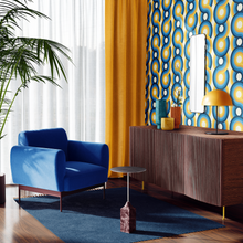 Load image into Gallery viewer, blue orange yellow  swirling 70s retro wallpaper called Yootha Pale Green 70s retro mid century style wallpaper
