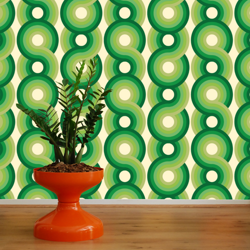 light green, apple green, green, dark green swirling 70s retro wallpaper called Yootha Pale Green 70s retro mid century style wallpaper