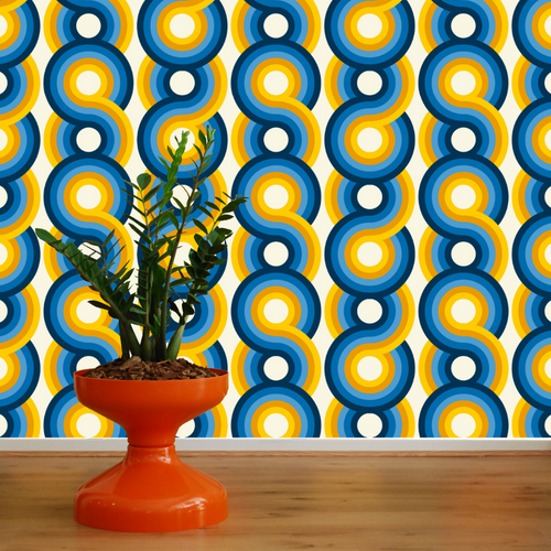 blue orange yellow  swirling 70s retro wallpaper called Yootha Pale Green 70s retro mid century style wallpaper
