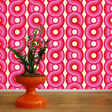 Load image into Gallery viewer, Circles Yootha Supergraphic wallpaper by 70s House manchester Estelle Bilson Bidding room, retro pink and red and made in UK luxury wallpaper made in lancashire 70s vintage retro spaceage bohemian boho hippie 60s
