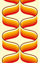 Load image into Gallery viewer, orange and brown retro 70s style print with supergraphic swirls 70s mid century funky retro kitchen tea towel
