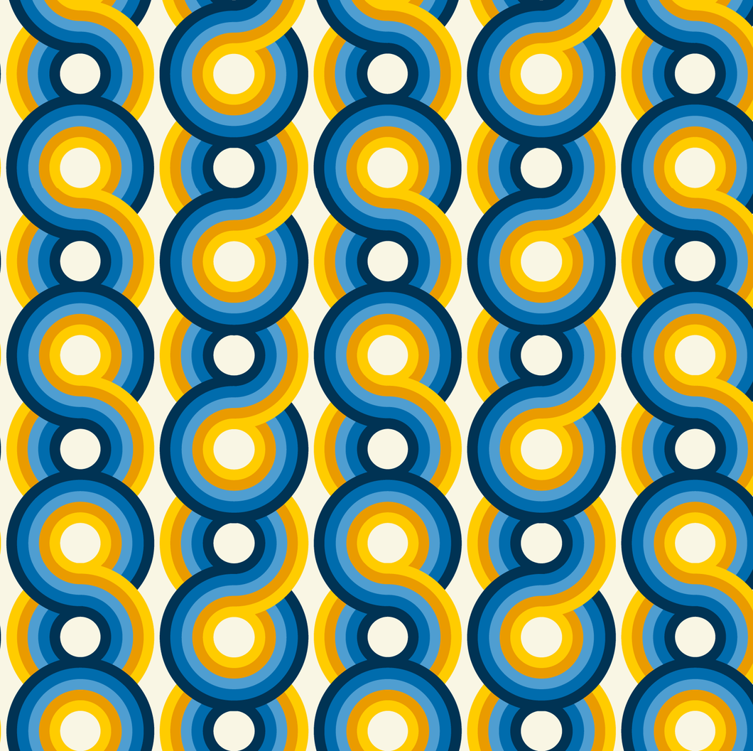 yellow, light blue, navy and orange swirling 70s retro wallpaper called Yootha Ocean 70s retro funky  mid century style wallpaper