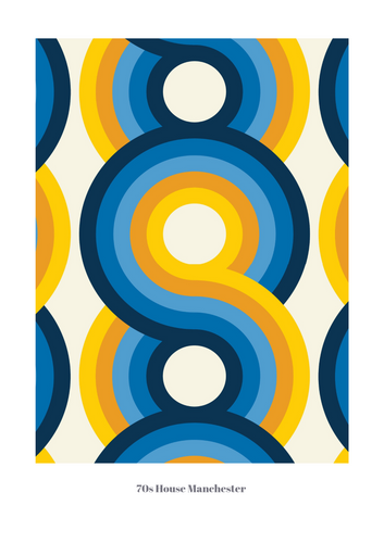 yellow, light blue, navy and orange swirling 70s retro wallpaper called Yootha Ocean 70s retro funky  mid century style a4 a3 art print 