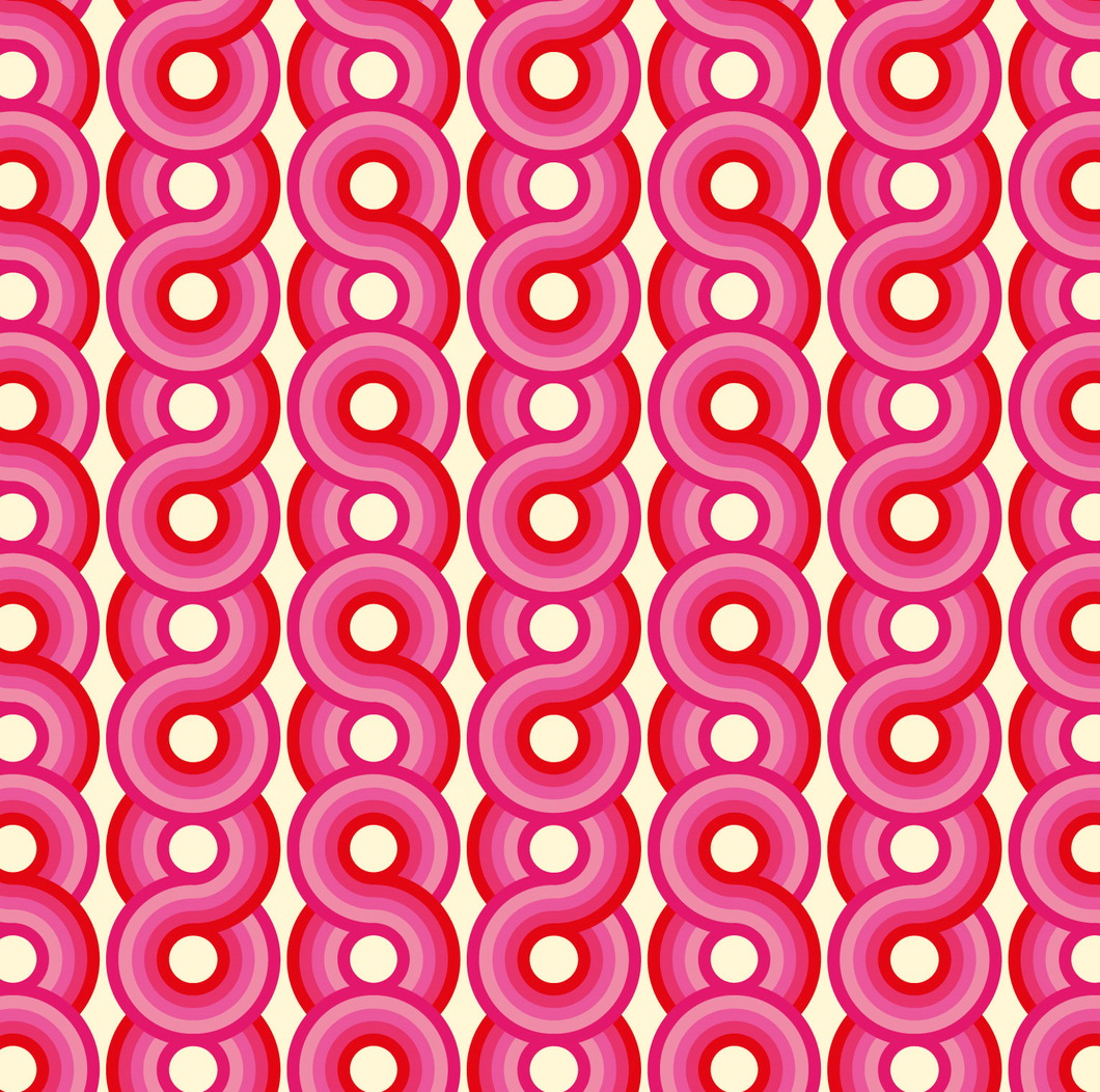 Circles Yootha Supergraphic wallpaper by 70s House manchester Estelle Bilson Bidding room, retro pink and red and made in UK luxury wallpaper made in lancashire 70s vintage retro spaceage bohemian boho hippie 60s 