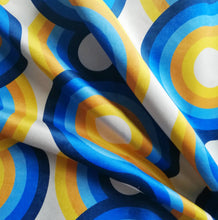 Load image into Gallery viewer, yellow, light blue, navy and orange swirling 70s retro wallpaper called Yootha Ocean 70s retro funky  mid century style velvet fabric 
