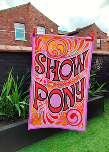 psychedelic pink 70s 60s tea towel show pony, retro vintage mid century tea towel retro home, kitchen 